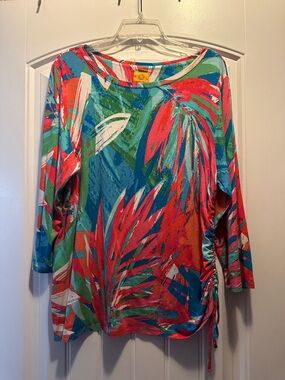 Ruby Rd. Pink, Blue, & Green Palm-Print 3/4 Sleeve Top